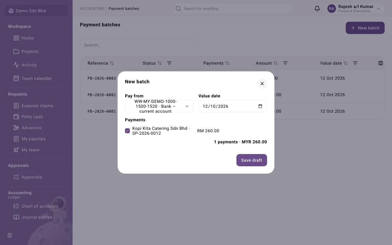 Building a batch: the bank account, value date and the payments ready to go