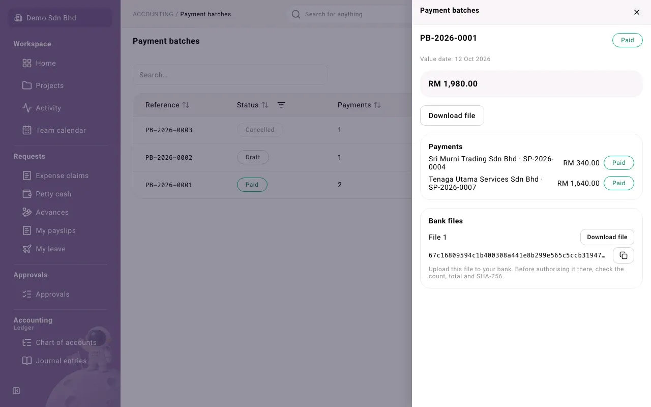 A paid batch: each payment’s outcome, and its bank file with the SHA-256 and the copy button