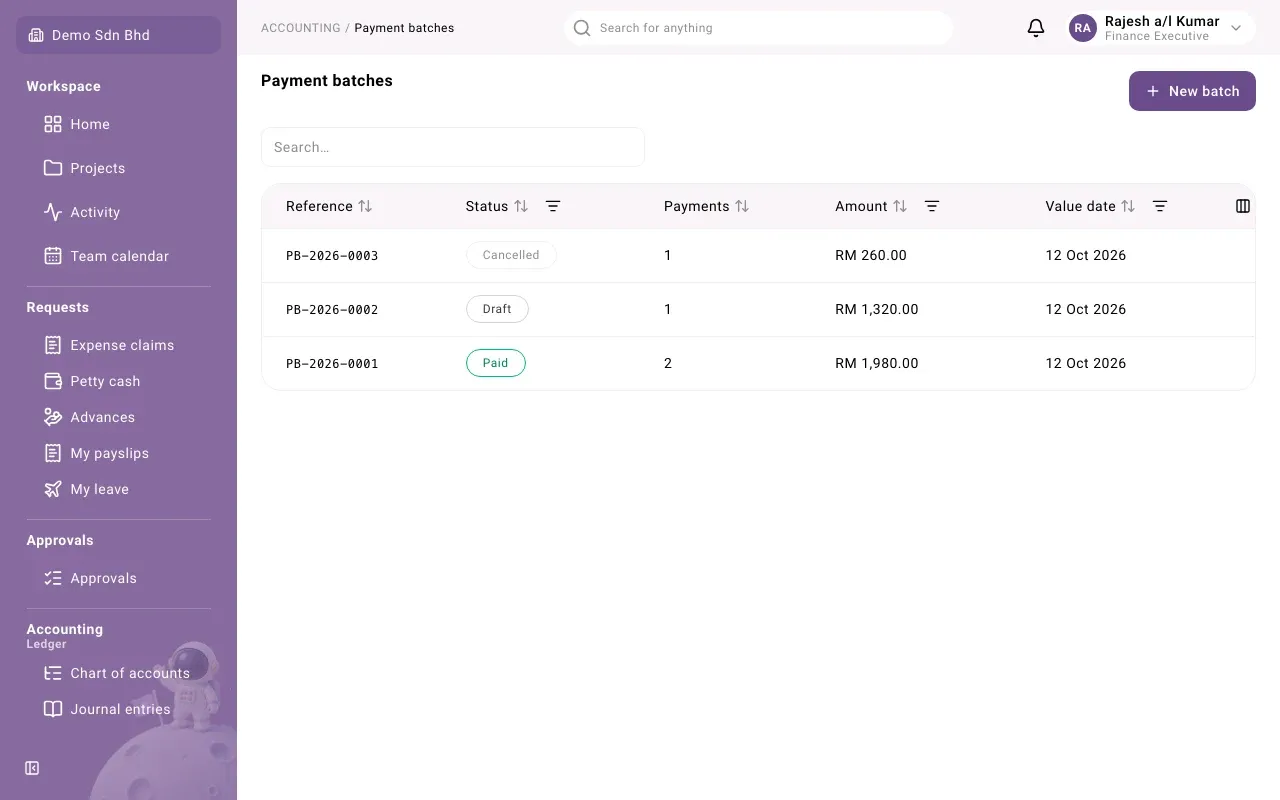 The Payment batches list