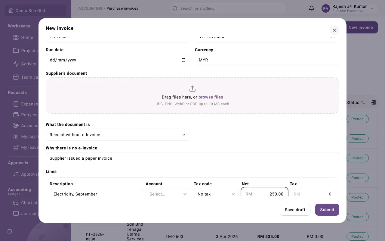 The New invoice form, scrolled down to the supplier’s document and the first line