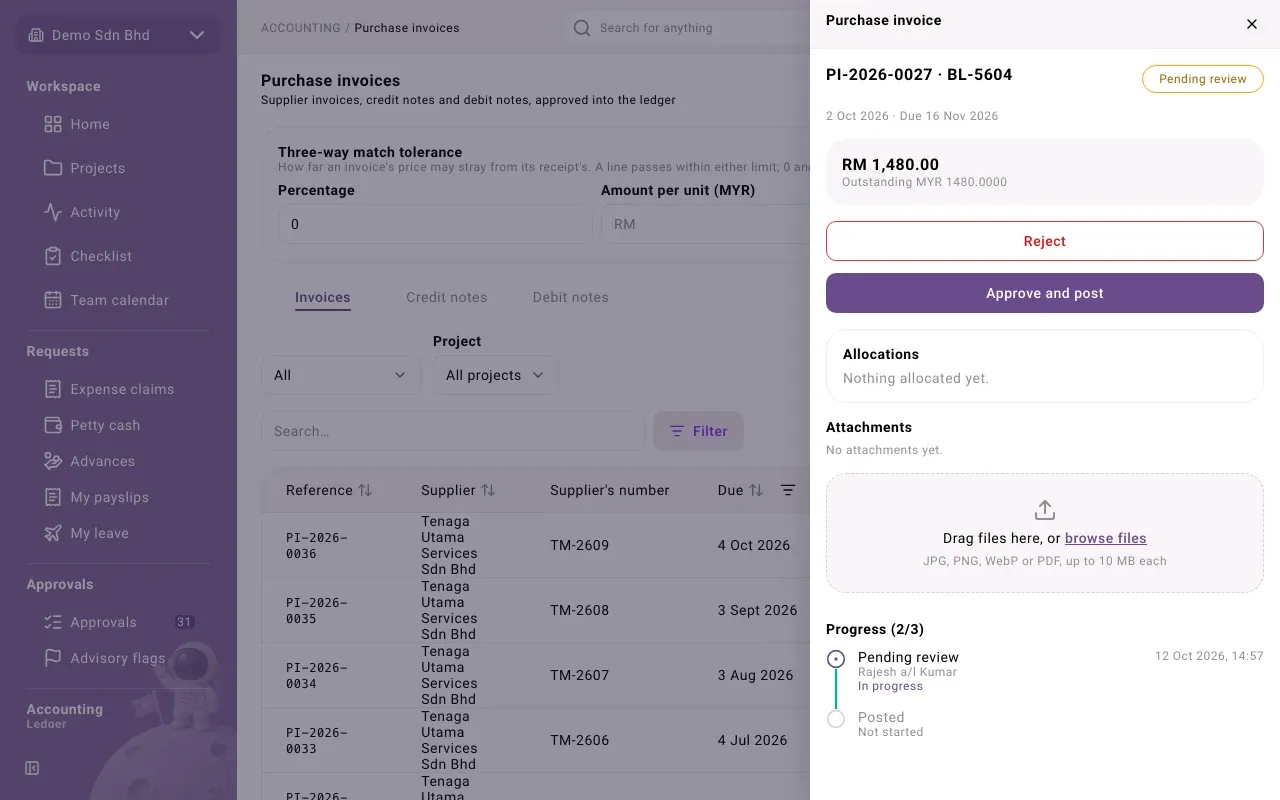 A purchase invoice waiting for approval, with Approve and post and Reject