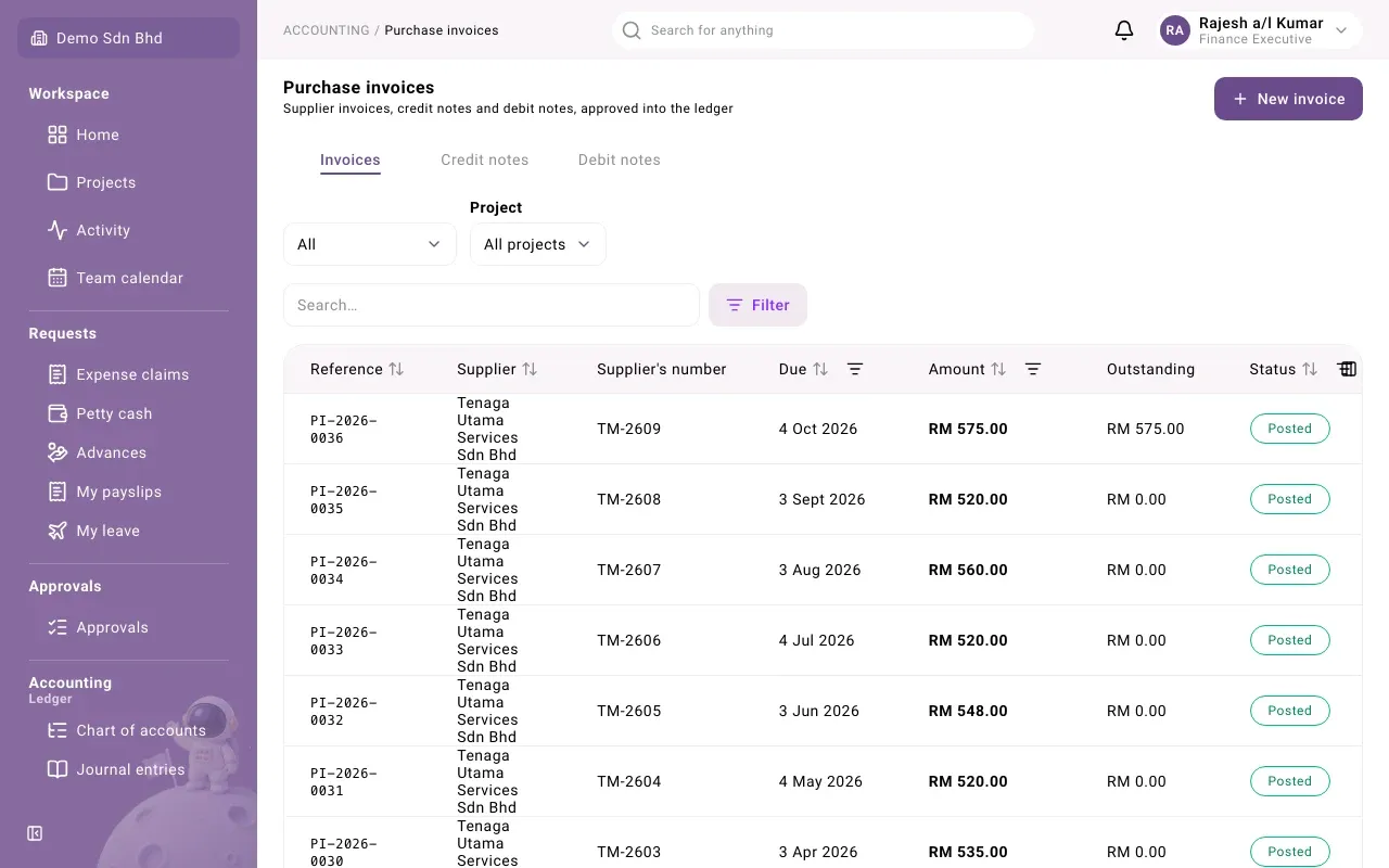 Purchase invoices, with the Invoices, Credit notes and Debit notes tabs