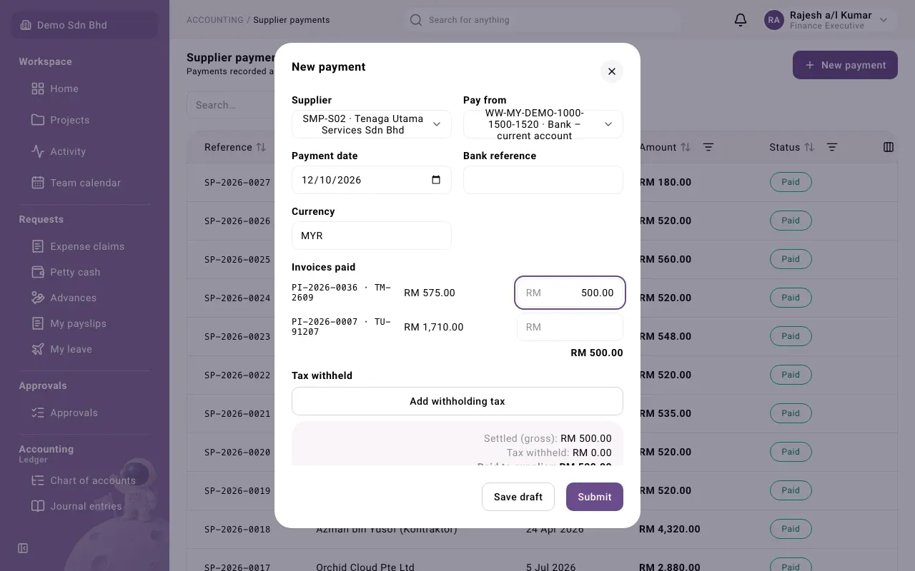 The New payment form with an invoice being paid