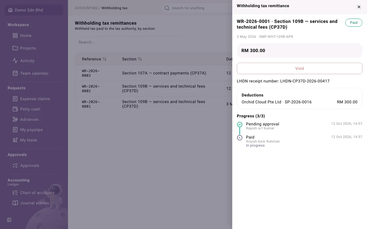 A paid remittance with its LHDN receipt number and deductions