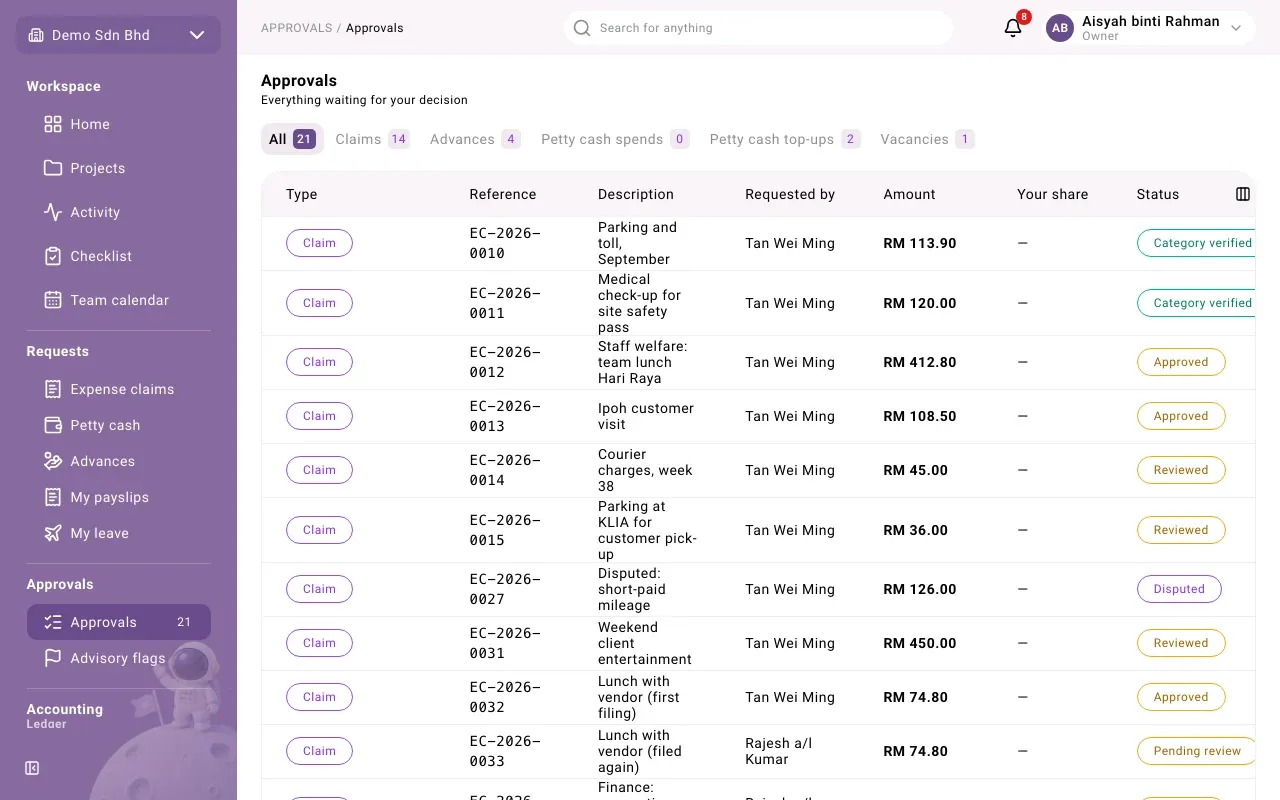 The Approvals page lists everything waiting for your decision