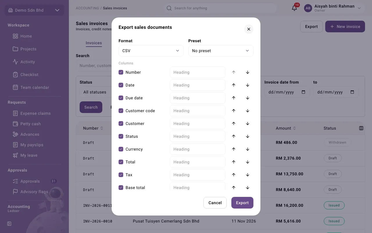 The Export sales documents window