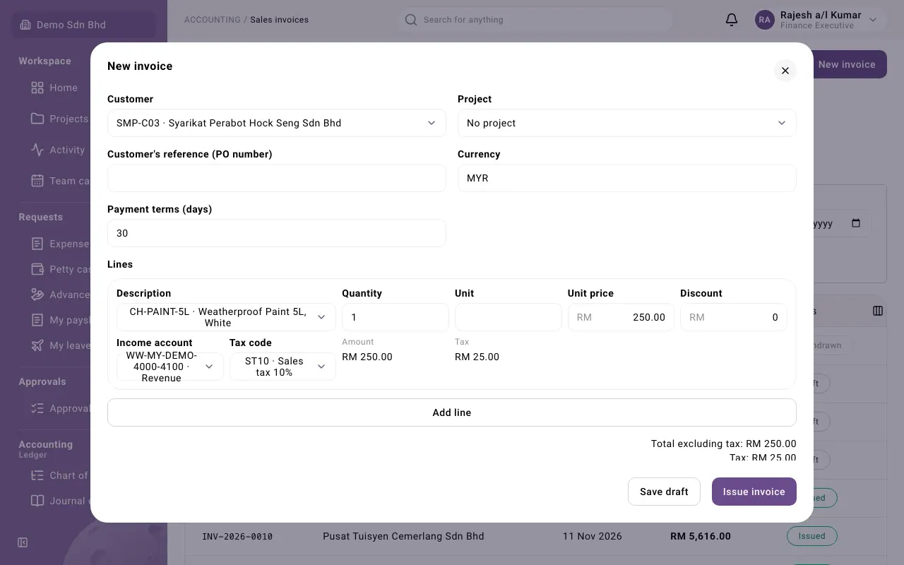 A new invoice with one line, its tax and the totals