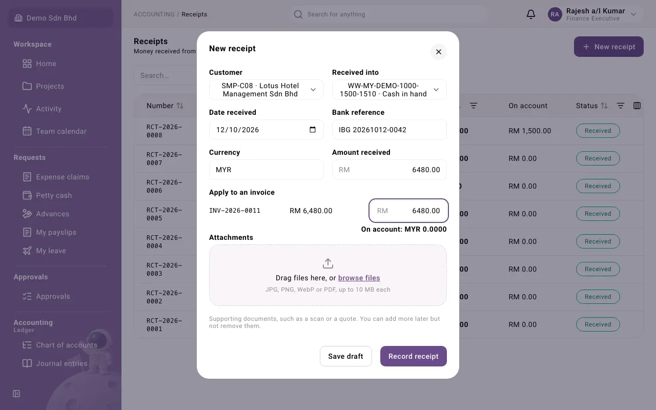 Recording a receipt and applying it to an open invoice