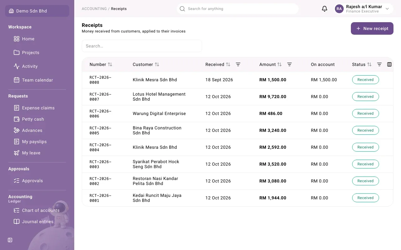 The Receipts page, with each receipt’s amount and what is still on account