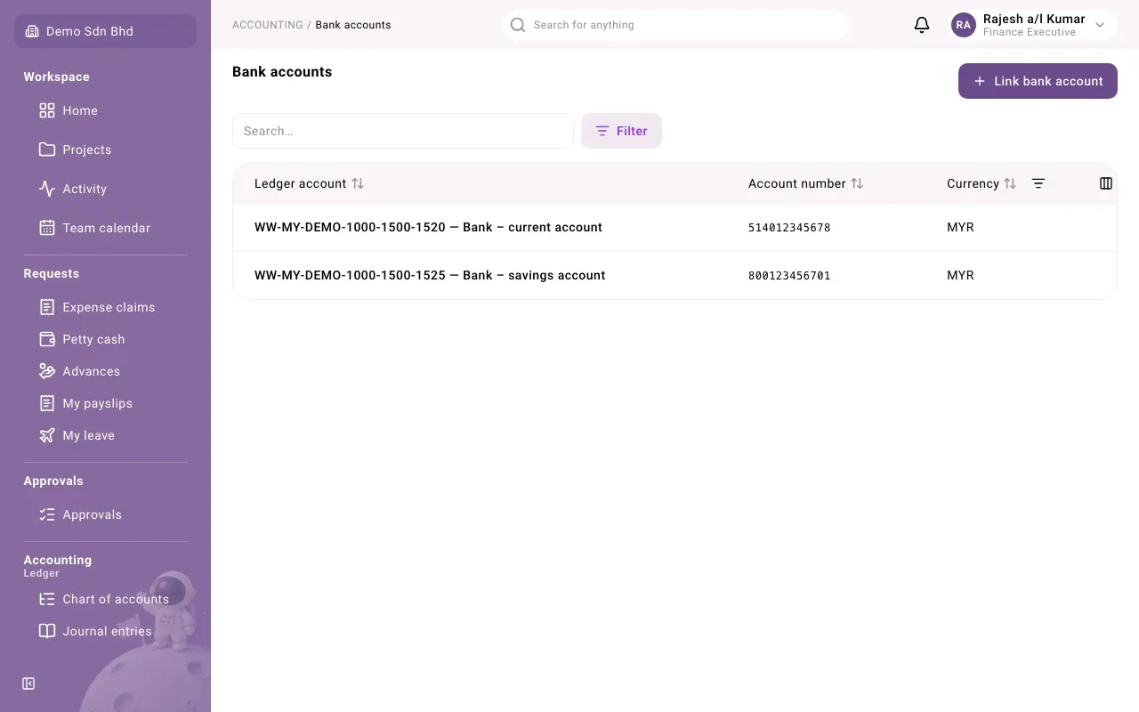 The Bank accounts list