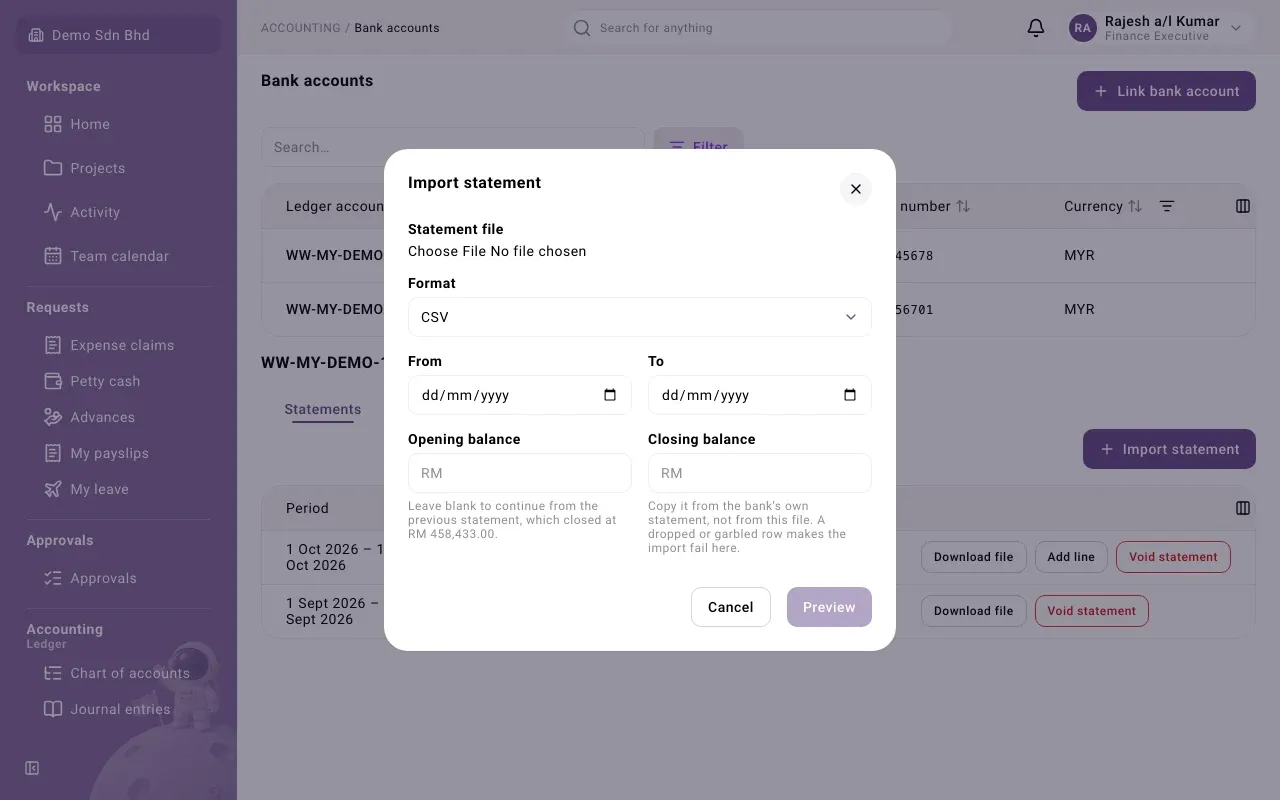 Import statement, with the CSV fields
