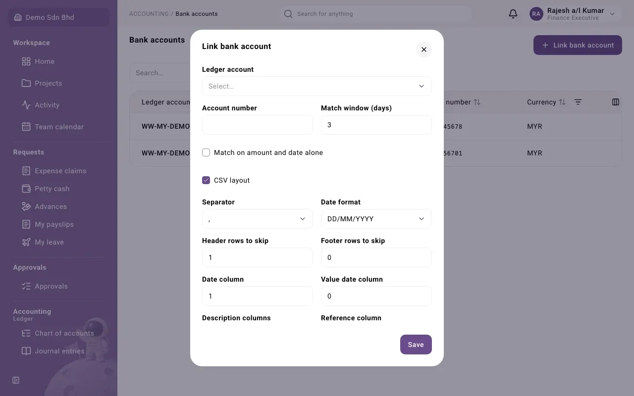 Link bank account, with the CSV layout fields