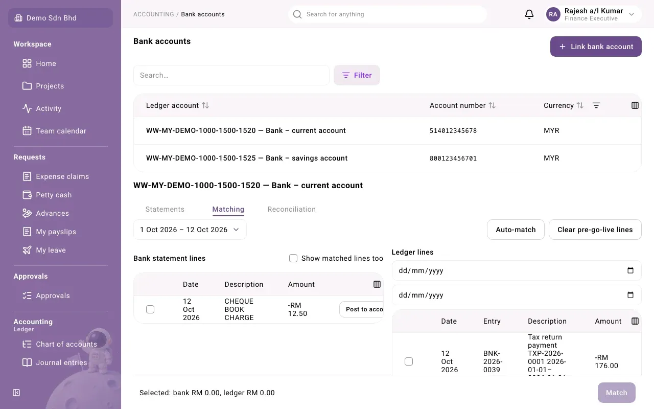 The Matching tab: bank statement lines on the left, ledger lines on the right