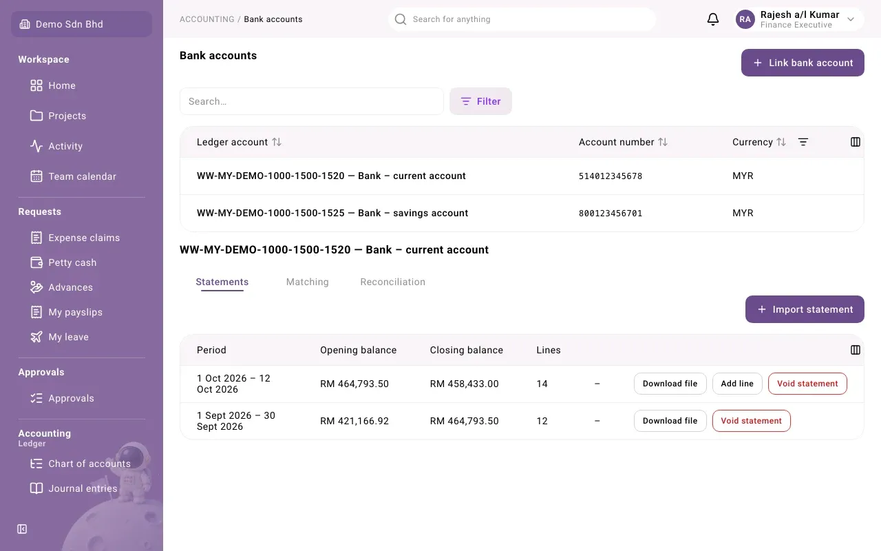 The Statements tab of a bank account