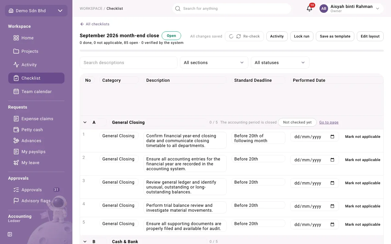 A checklist run, with its sections and rows