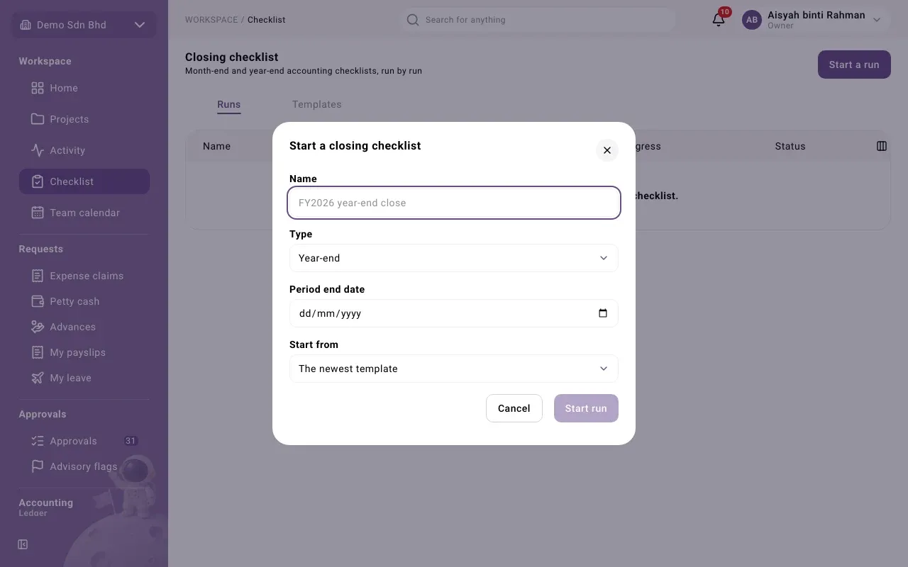 The Start a closing checklist form