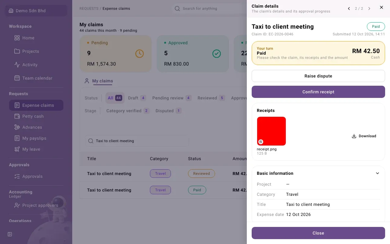 A paid claim, with Confirm receipt and Raise dispute