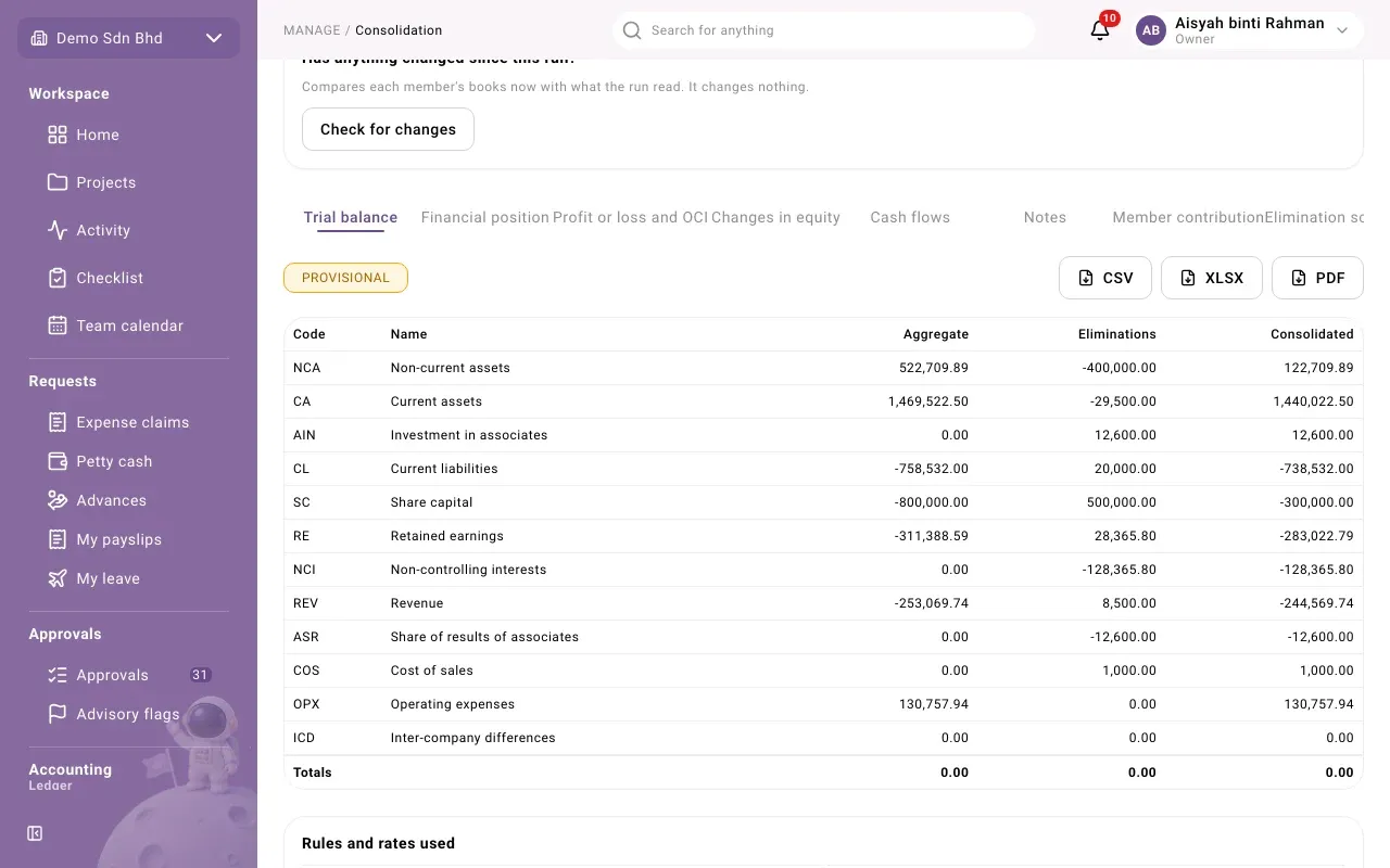A run’s consolidated trial balance