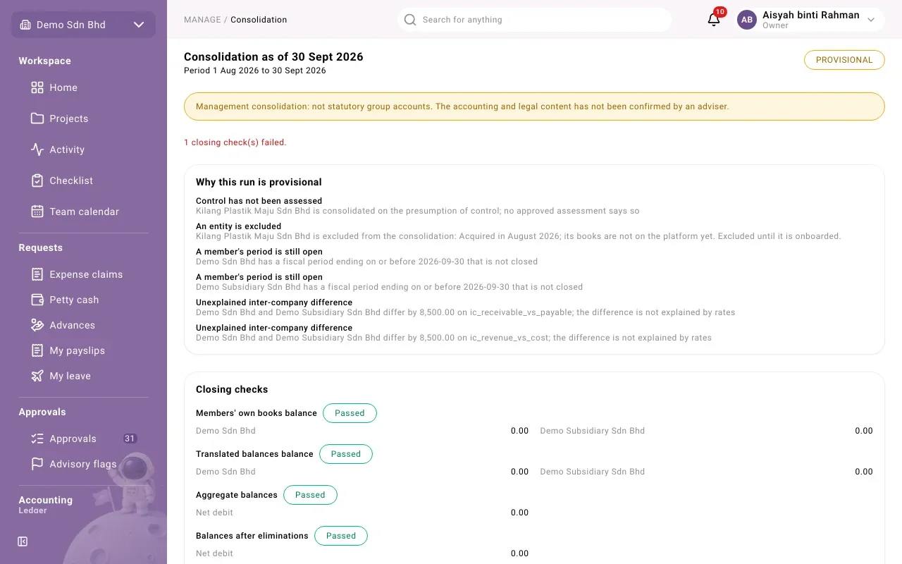 A run: its status, reasons and closing checks