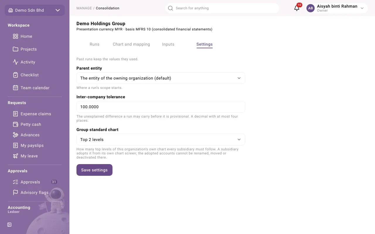 The Settings tab