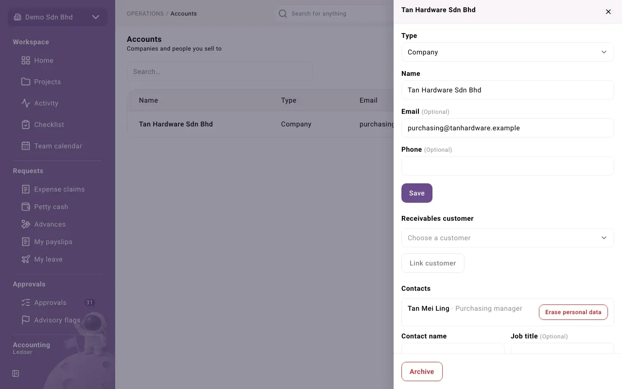 An open account, with its contacts and activities