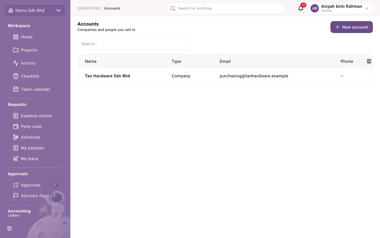 The Accounts list: name, type, email and phone of each account
