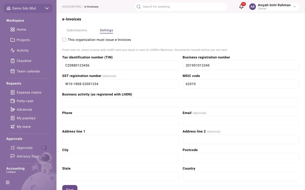 The e-Invoices Settings tab