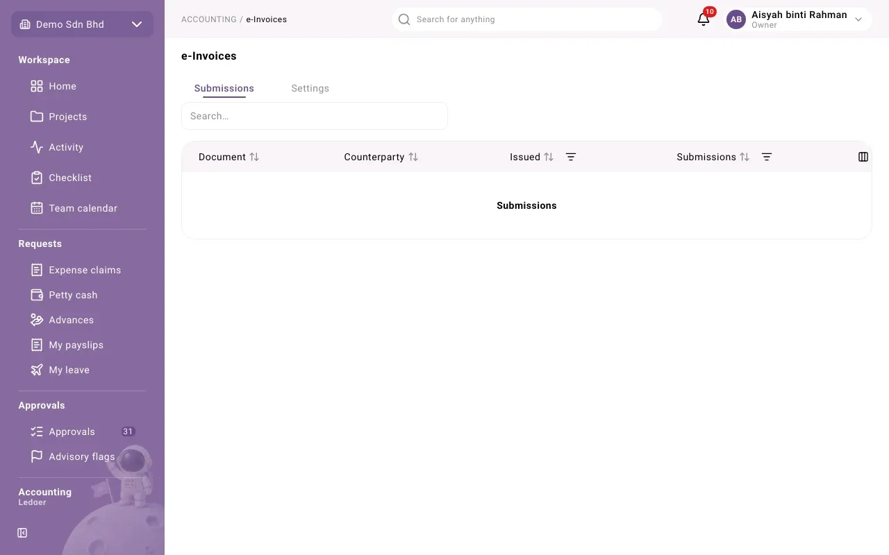 The Submissions tab. It is empty here because e-Invoicing is not switched on in this demo organization.