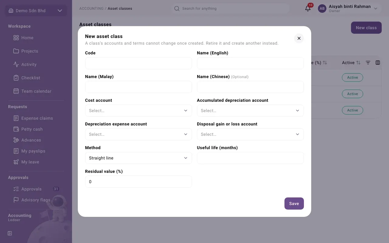 The New asset class form
