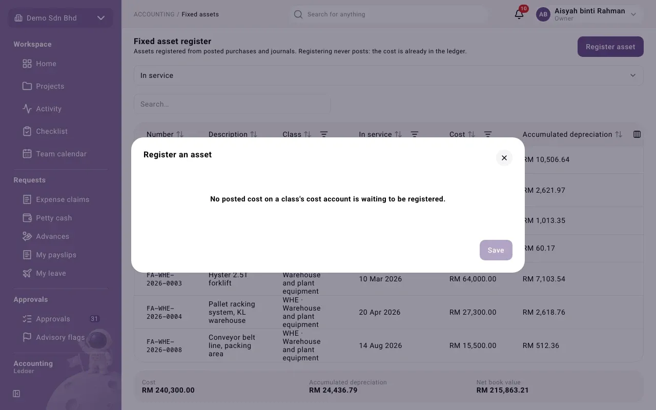 The Register an asset form, here with nothing waiting to be registered