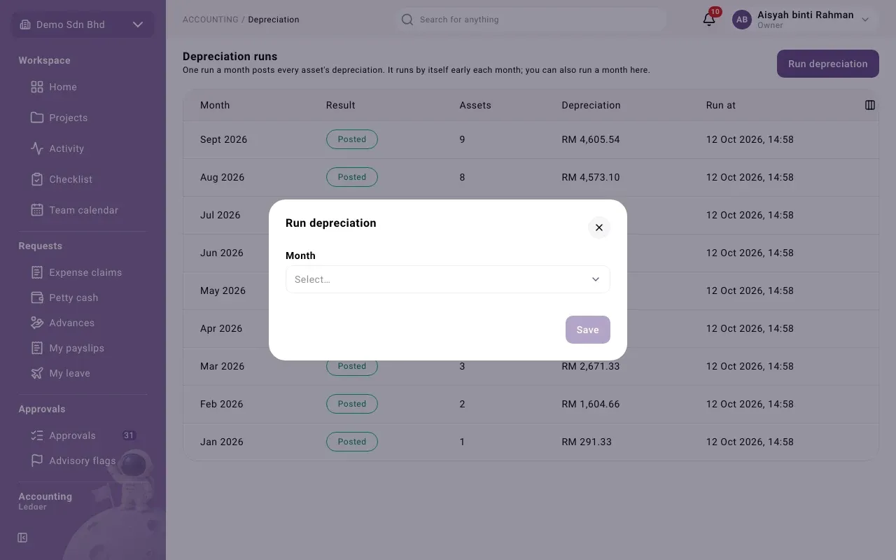 The Run depreciation dialog