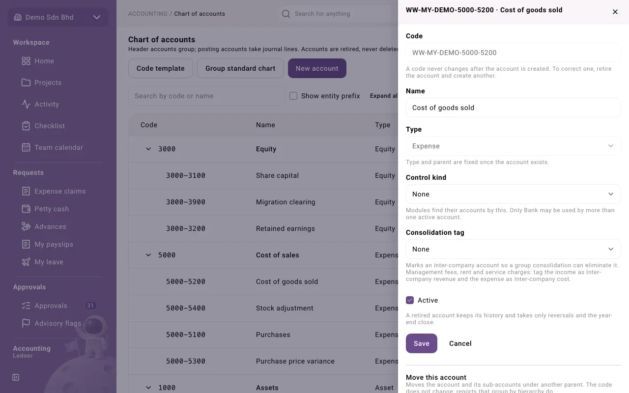 An account opened in the side panel