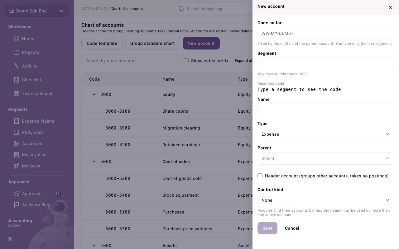 The New account form
