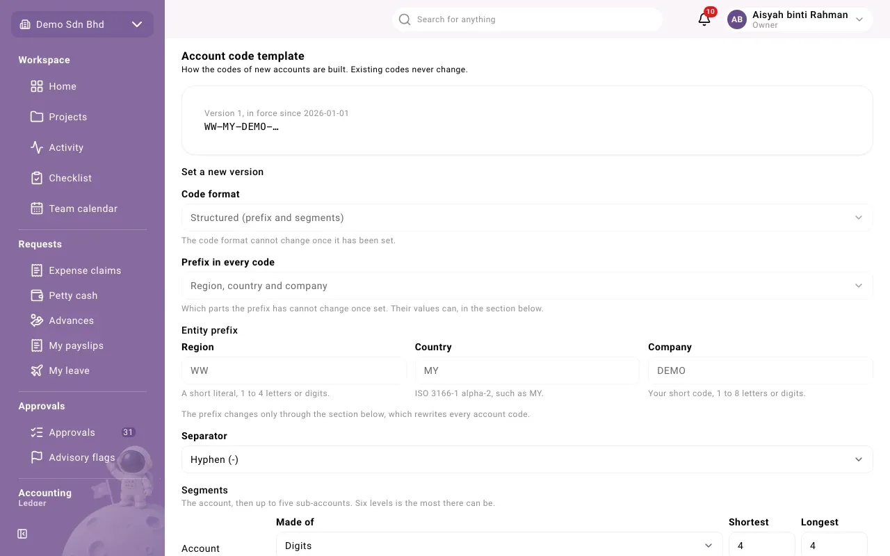 The Account code template page