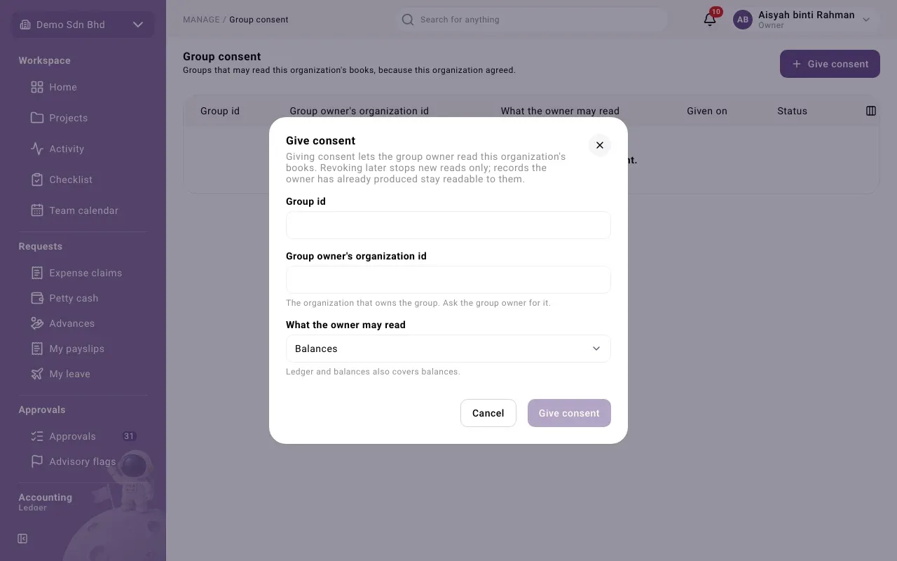 The Give consent dialog