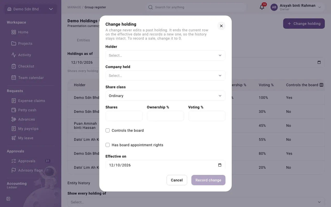 The Change holding dialog