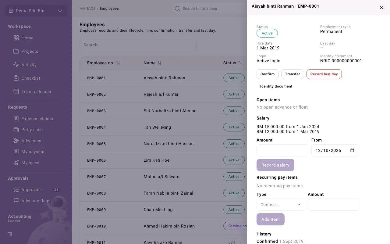 An employee record: status, dates, login, actions and history