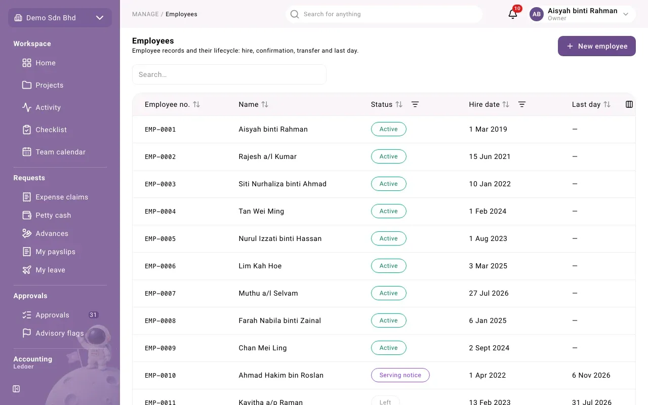 The Employees list with employee number, name, status, hire date and last day