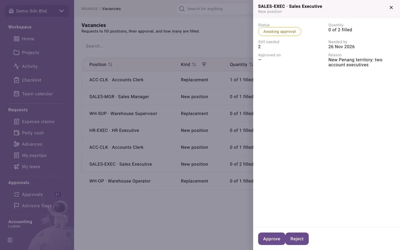 A vacancy opened from the list, with its details and the actions you can take