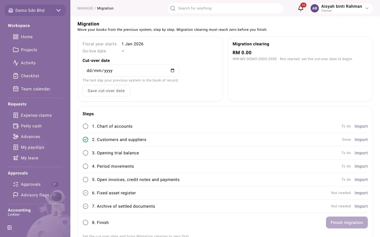 The Migration page: dates, Migration clearing and the steps