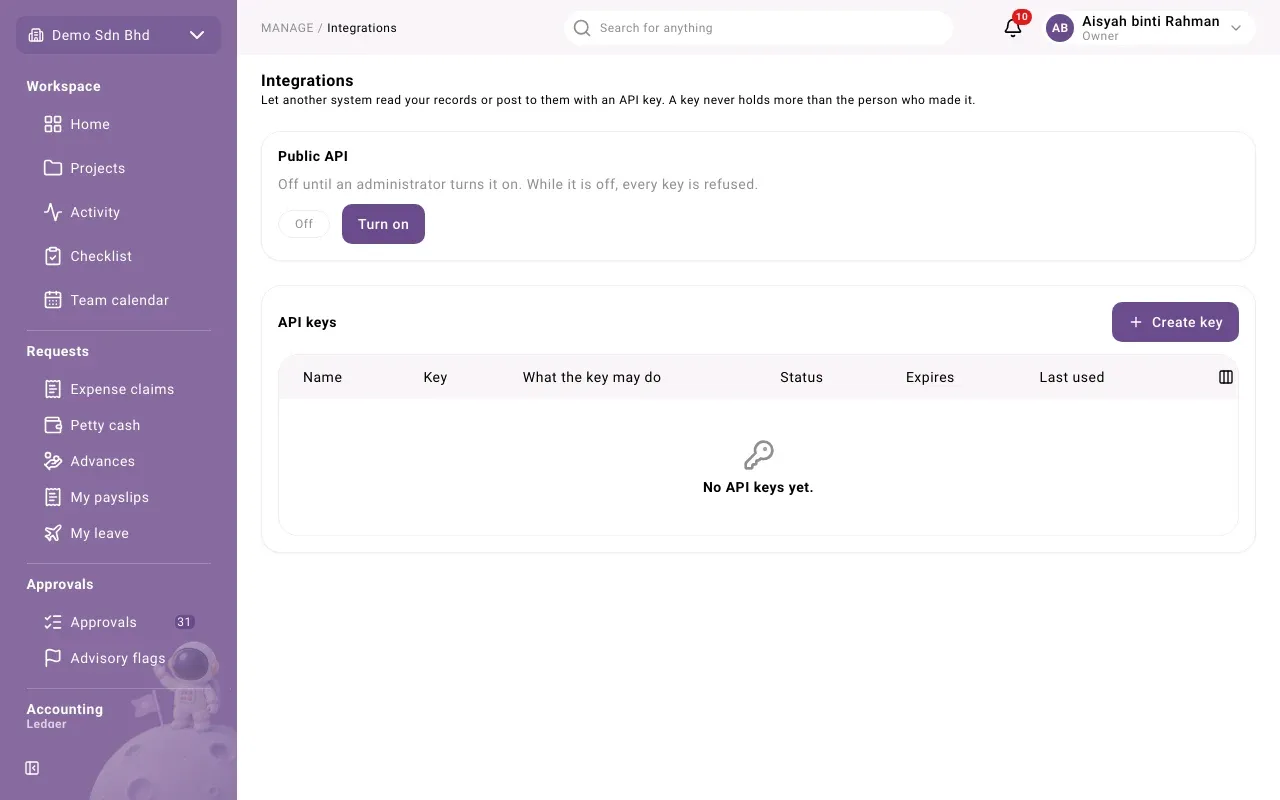 The Integrations page: the Public API switch and the API keys list