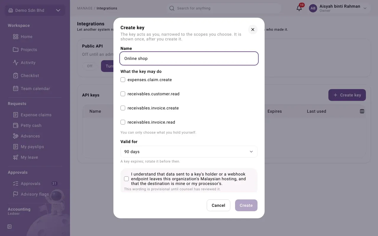 The Create key dialog