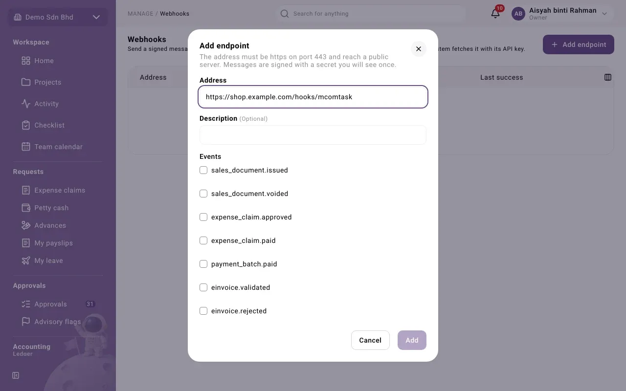 The Add endpoint dialog