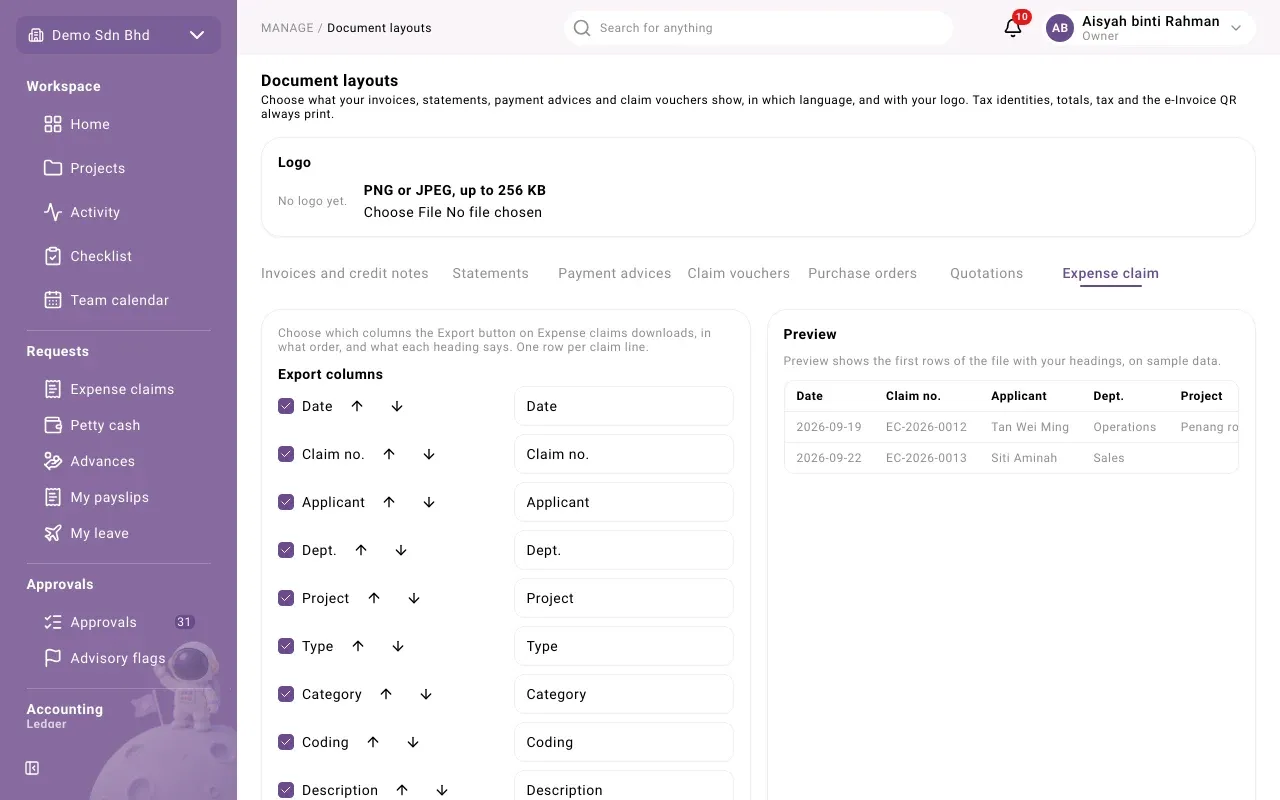 The expense claim export layout, with a preview of the first rows
