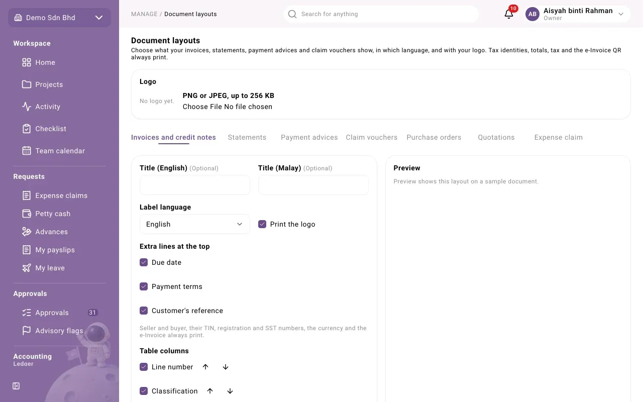 The layout for invoices and credit notes, with the preview on the right