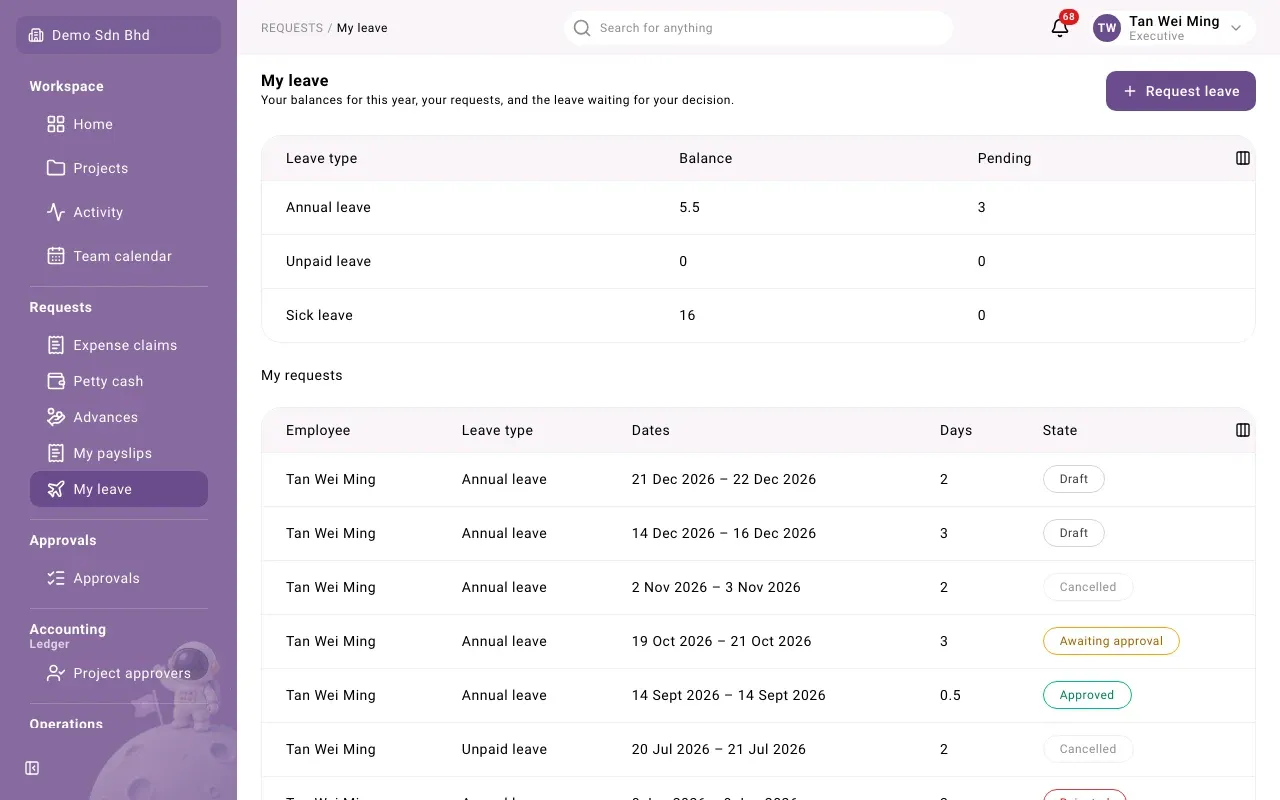 My leave: your balances, then your requests with their state