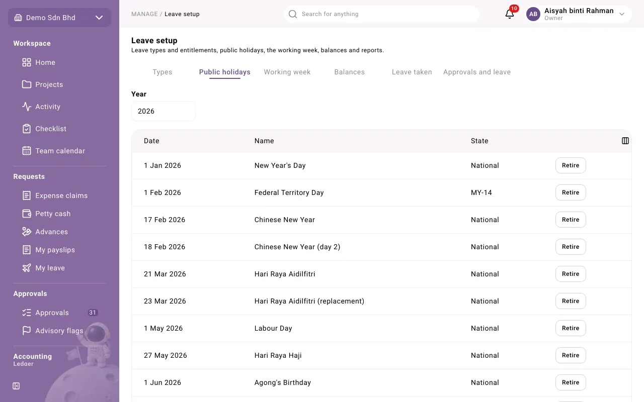 The Public holidays tab