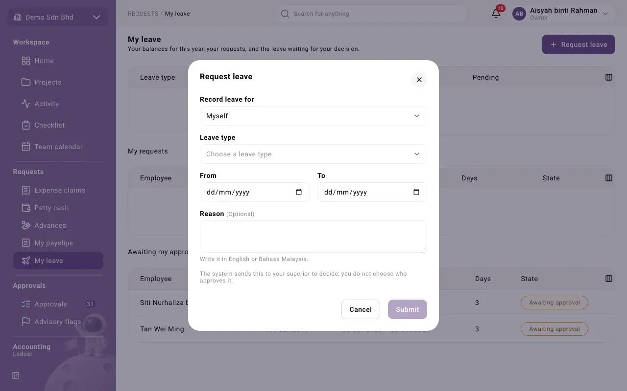 Request leave as HR, with Record leave for