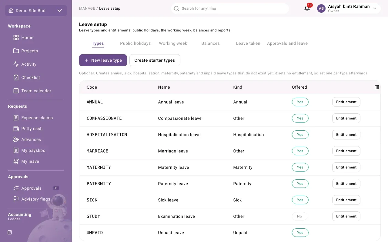 The Types tab: leave types with code, name, kind and whether they are offered
