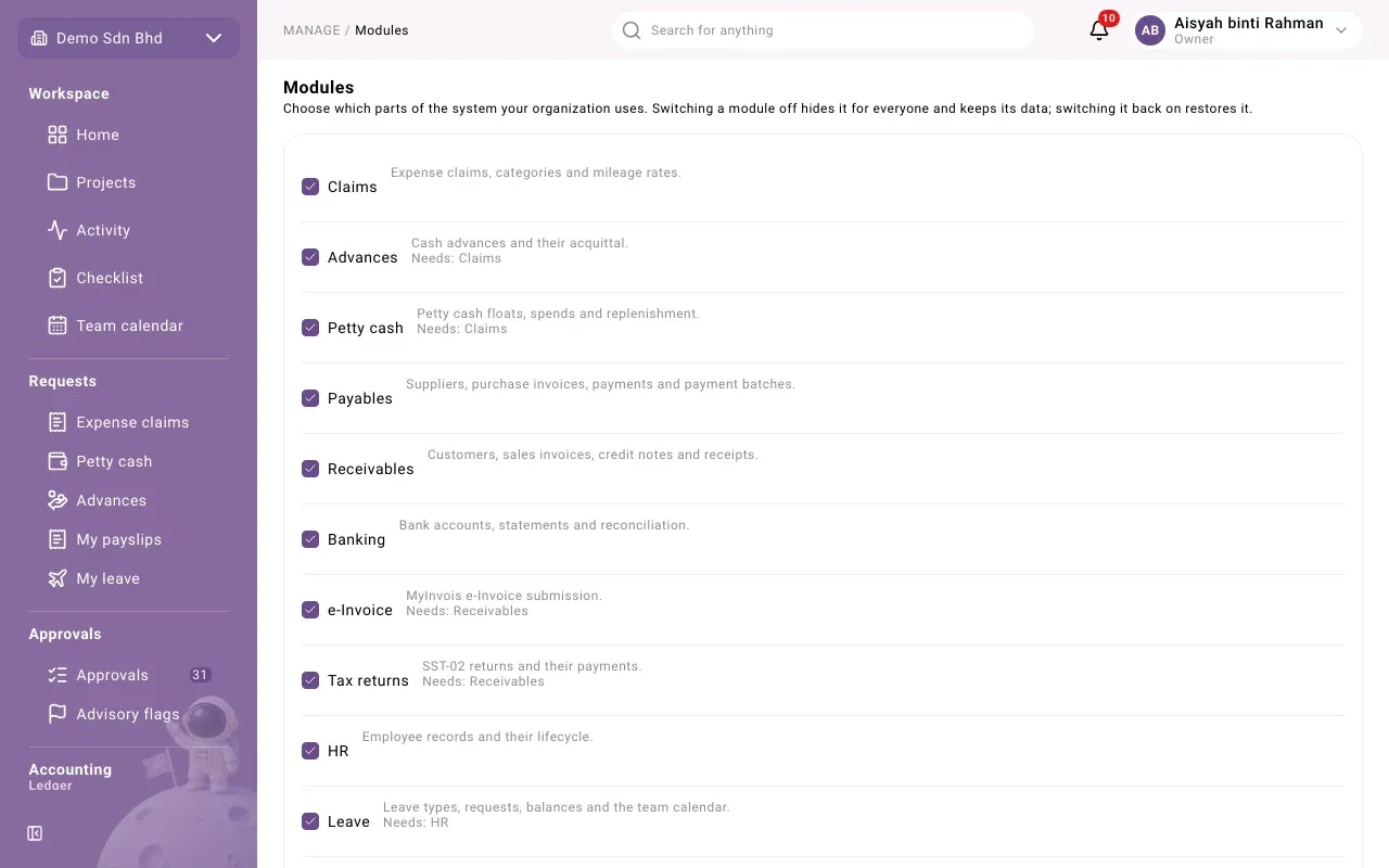 The Modules page: one row per module with a tick box and a short description